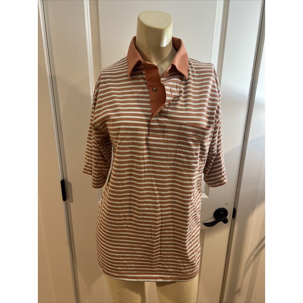 Men’s Manhattan Striped Polo Shirt Salmon Pink And teal Blue Stripes Vintage